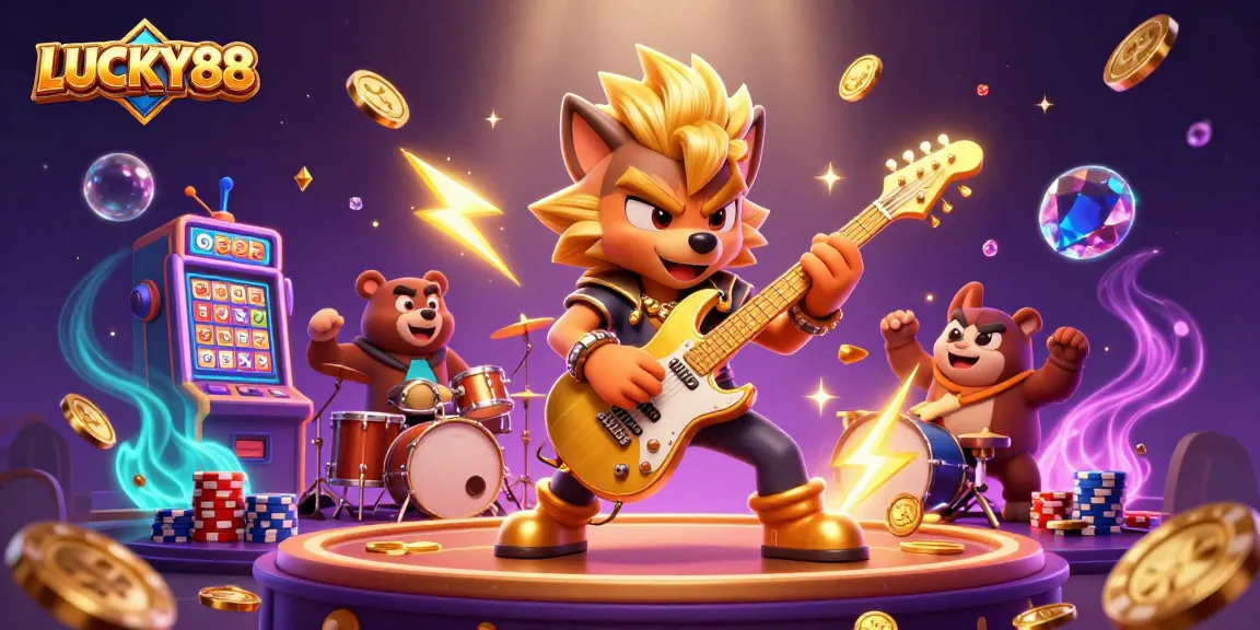 Experience LUCKY88 with a vibrant 3D cartoon scene featuring thrilling slots and dynamic characters.