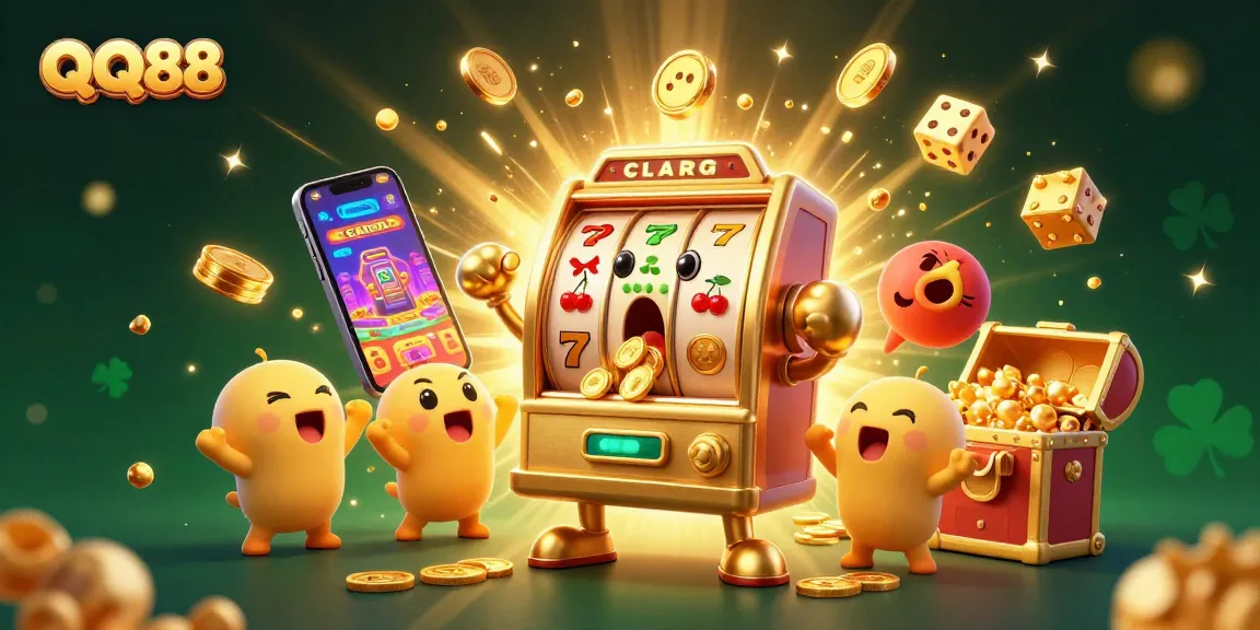 Play thrilling slots at QQ88, featuring a vibrant 3D cartoon scene of slot machines celebrating jackpots.