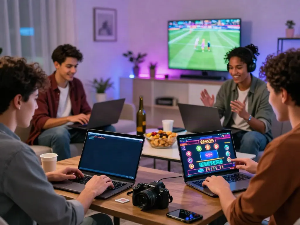 Young adults enjoying online gambling at vin88 in a lively living room.