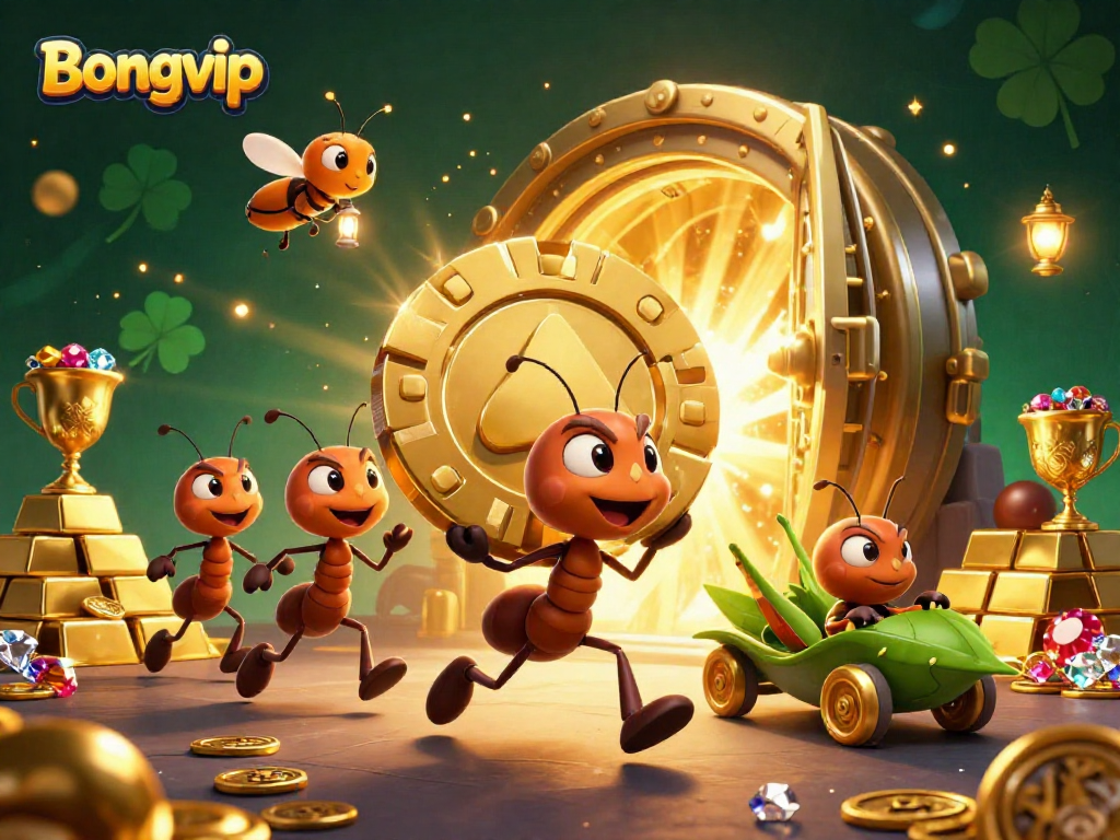 Bongvip showcases a heist scene with cartoon ants carrying a giant poker chip amidst sparkling treasures, emphasizing thrilling gaming action.