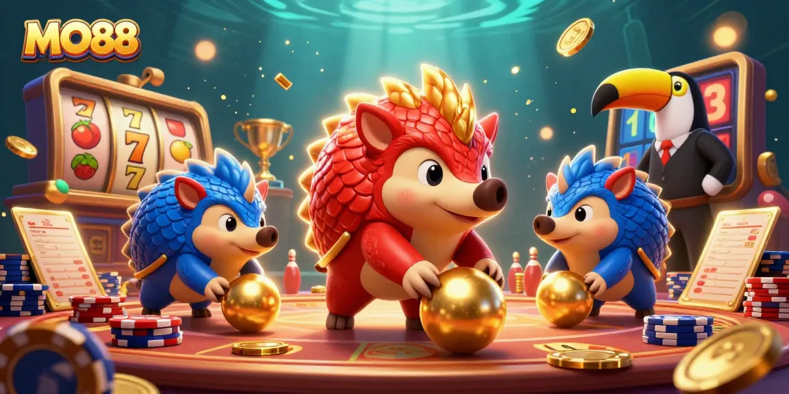 Engage with MO88 gaming visual featuring vibrant pangolins amidst slot reels and golden tokens.