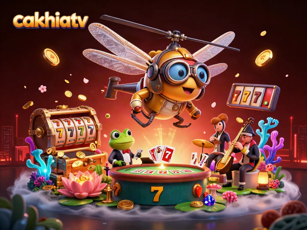 CakhiaTV features a vibrant 3D scene with a dragonfly pilot, frog croupier, and jazz musicians paired with colorful casino elements.