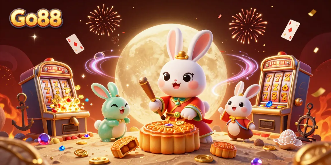 Go88 casino illustration featuring a moon rabbit and slot machines, rich in gaming elements.