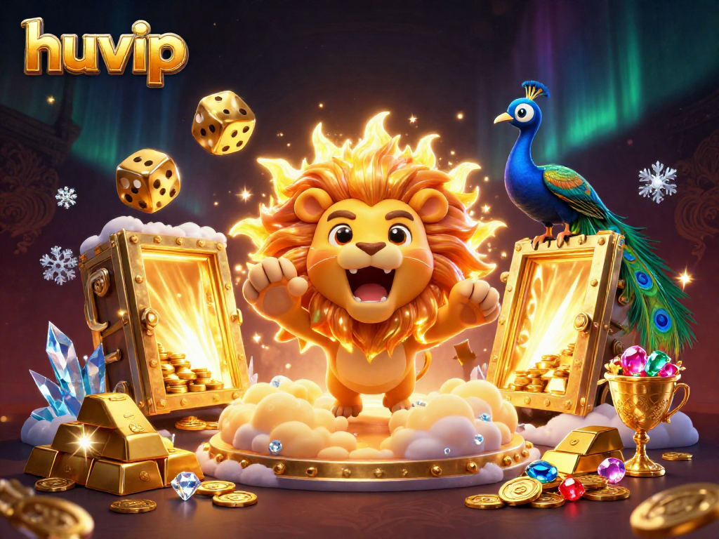 Play slots and win at huvip, featuring an illustrated casino scene with vibrant colors.
