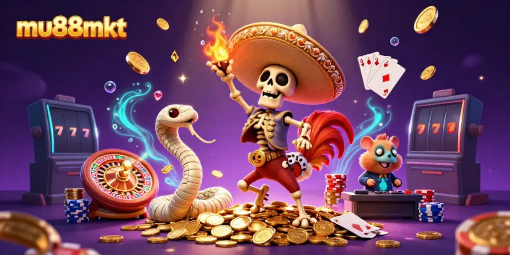 Experience excitement at mu88mkt with a lively casino scene featuring unique characters celebrating on golden coins.