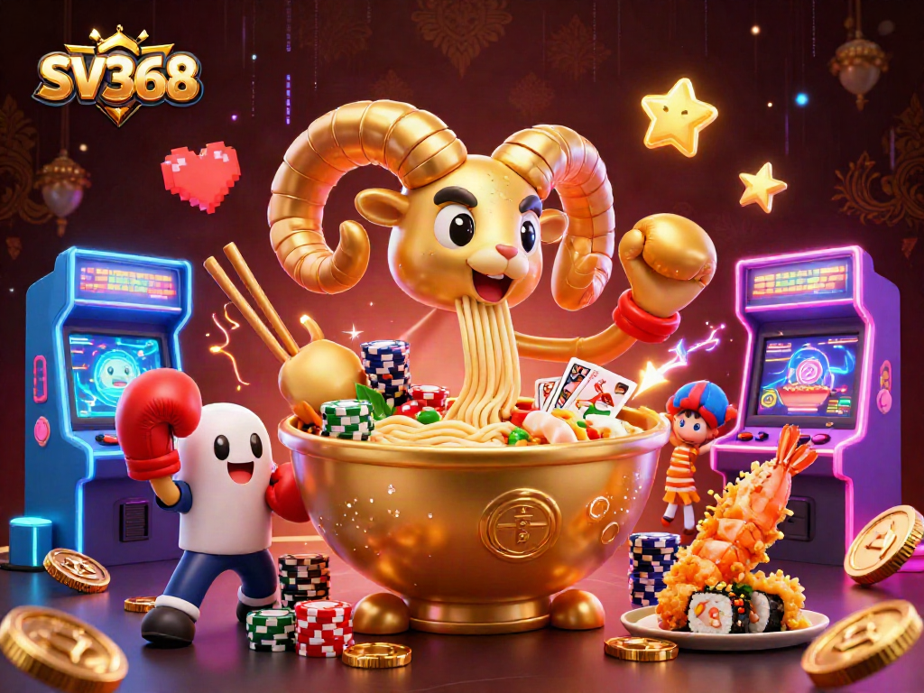 SV368 unleashes a cartoon casino adventure with a giant ramen bowl, sushi dealer, and vibrant gaming elements.