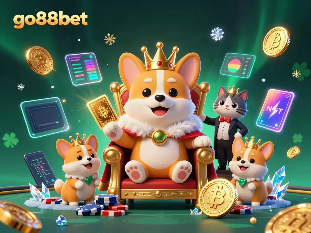 Engage with go88bet's vibrant casino world featuring a royal corgi and crypto elements.
