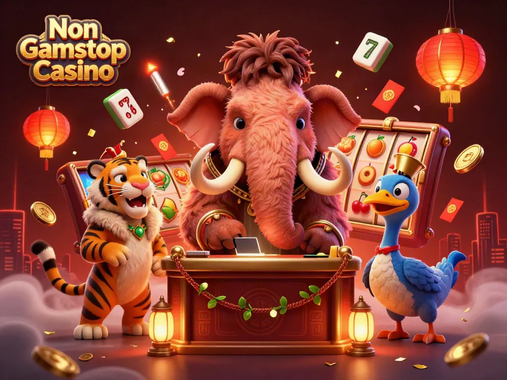 Experience the vibrant atmosphere of a Non Gamstop Casino with a lively 3D scene featuring colorful slot reels and whimsical characters.