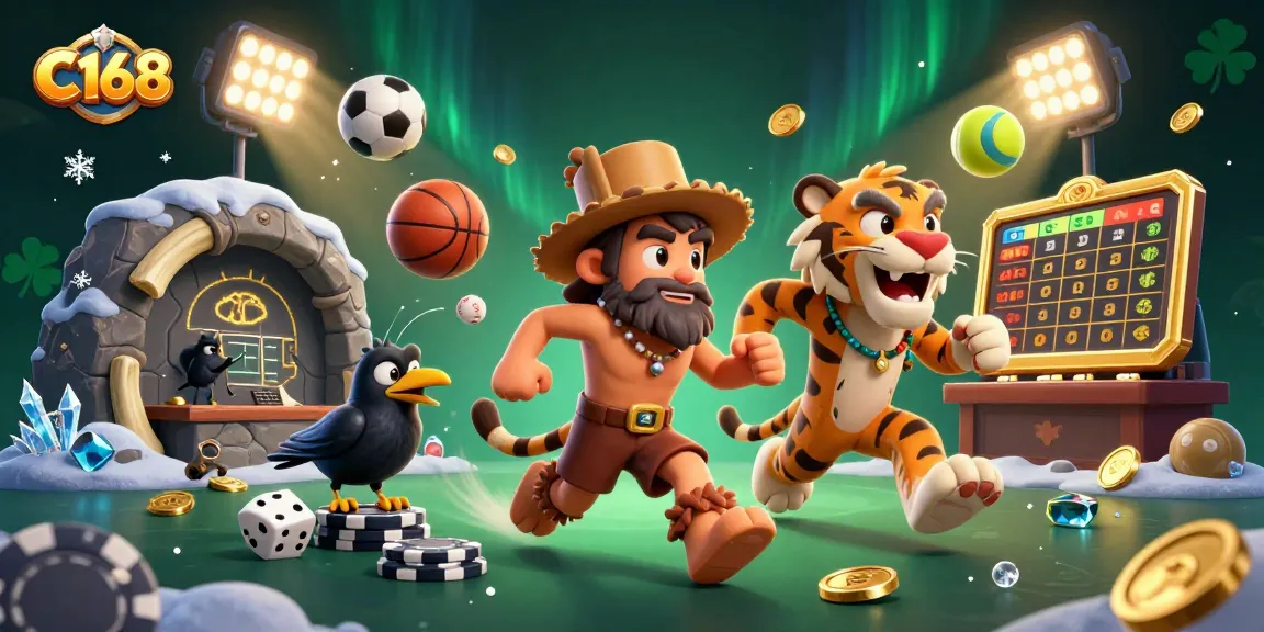 Experience the excitement of C168 with a dynamic illustration of cavemen and a sabertooth tiger running a casino!