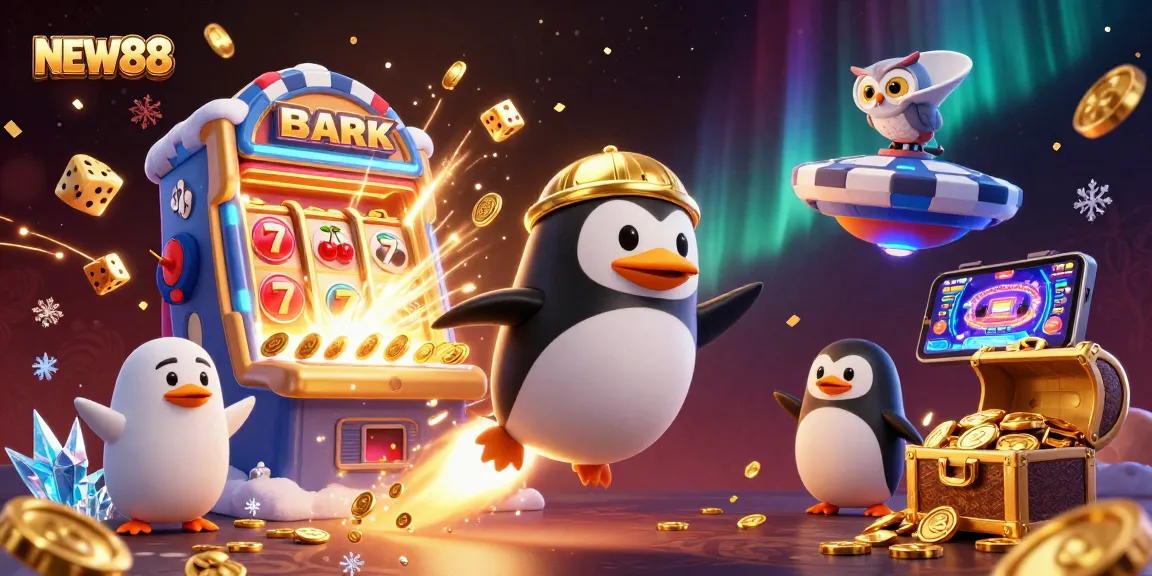 Experience the thrill of NEW88 with vibrant casino visuals, showcasing a playful penguin and explosive jackpot action.