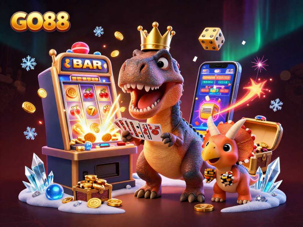Experience GO88's excitement with a T-Rex, pterodactyl, and triceratops in a lively casino scene