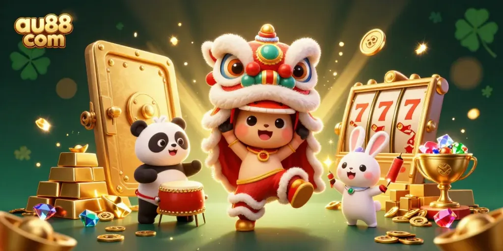 Experience the excitement of AU88 com with lively characters celebrating a vibrant casino atmosphere.