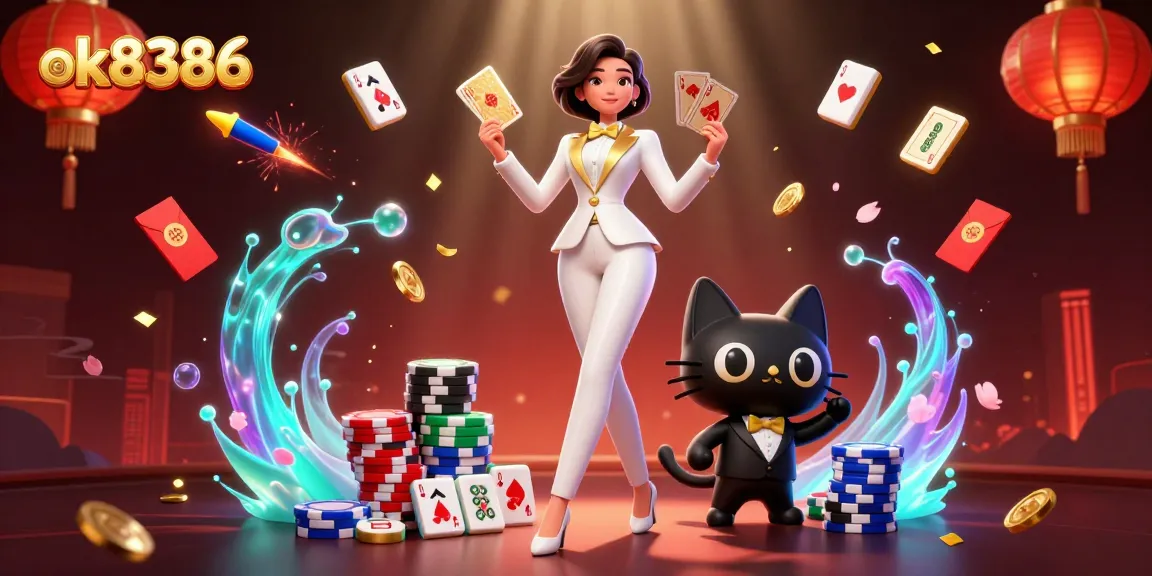 ok8386 showcases thrilling card games with a glamorous dealer and poker elements in vibrant colors.