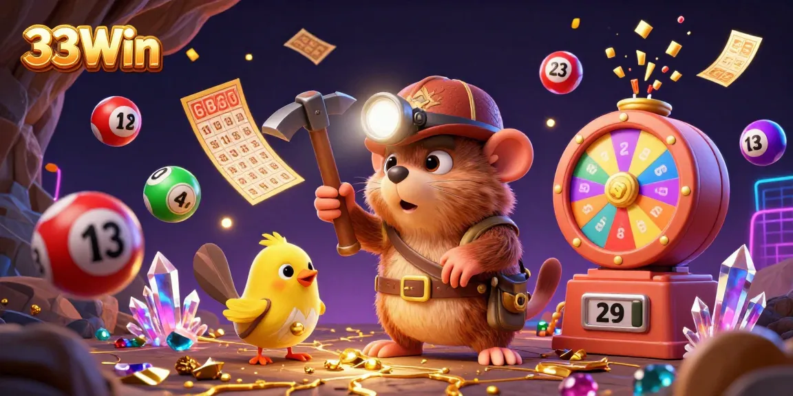 Engage with 33Win's vibrant treasure hunt scene featuring lottery elements and a treasure hunter mole.