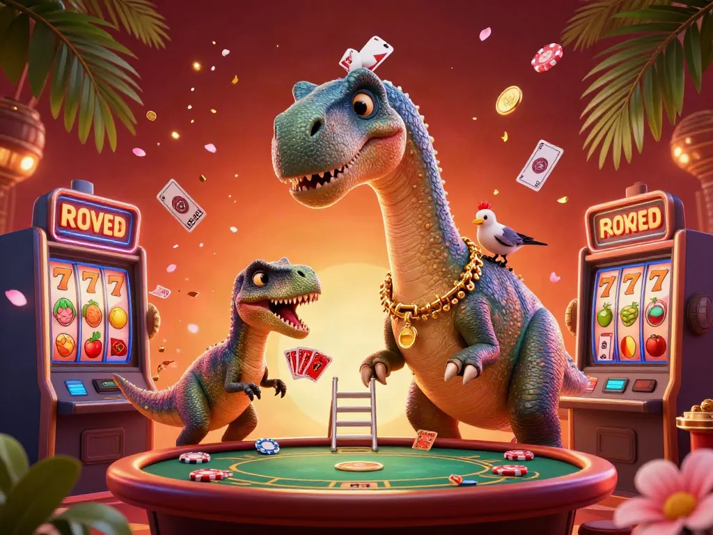 Experience thrilling moments at LC88 casino with cartoon characters amidst vibrant slot machines and poker action.