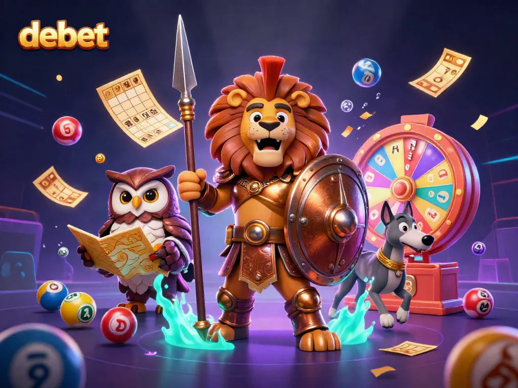 Engage with the debet online casino experience, featuring a dynamic scene of a Spartan lion, owl strategist, and greyhound amidst vibrant gambling elements.