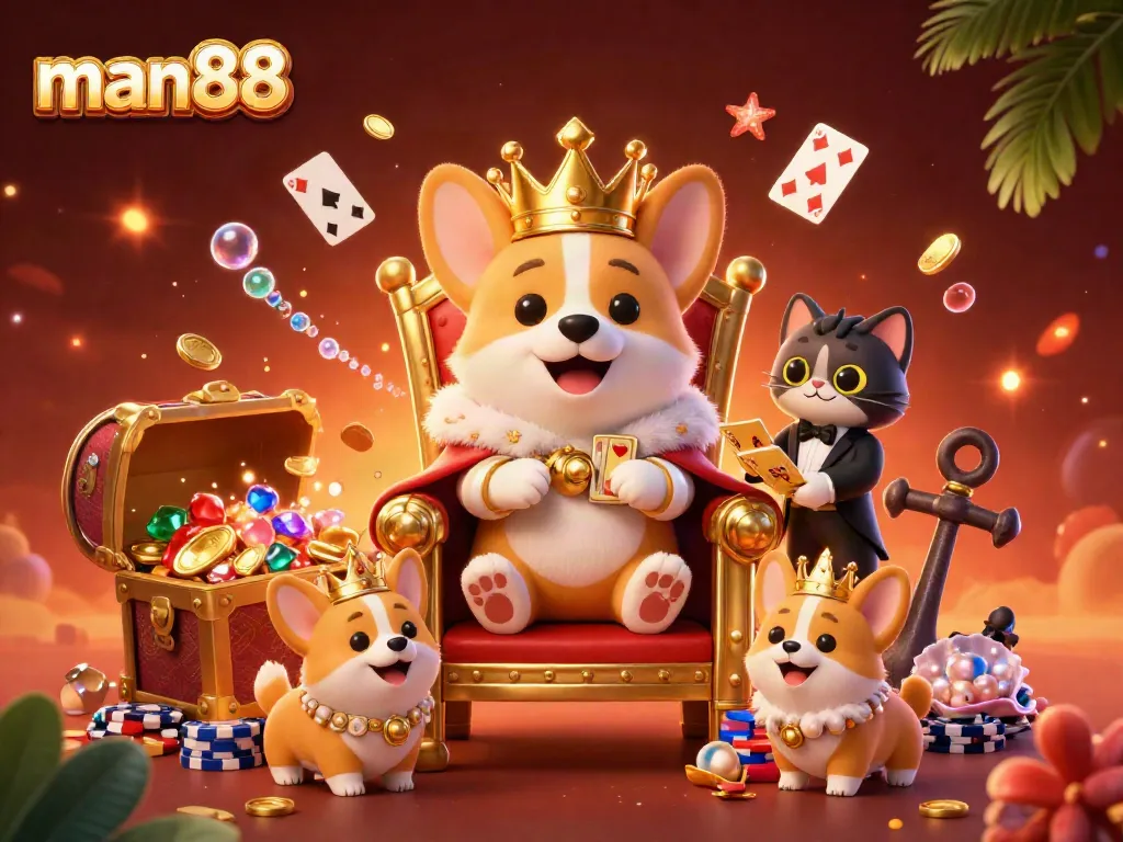Experience the thrill of gaming with man88, featuring a royal corgi and dazzling treasures.