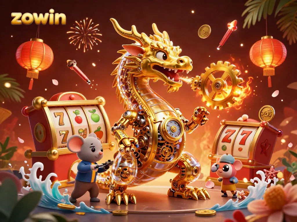 Zowin’s dynamic casino scene featuring a biomechanical golden dragon amidst floating slots, celebrating thrilling game elements.