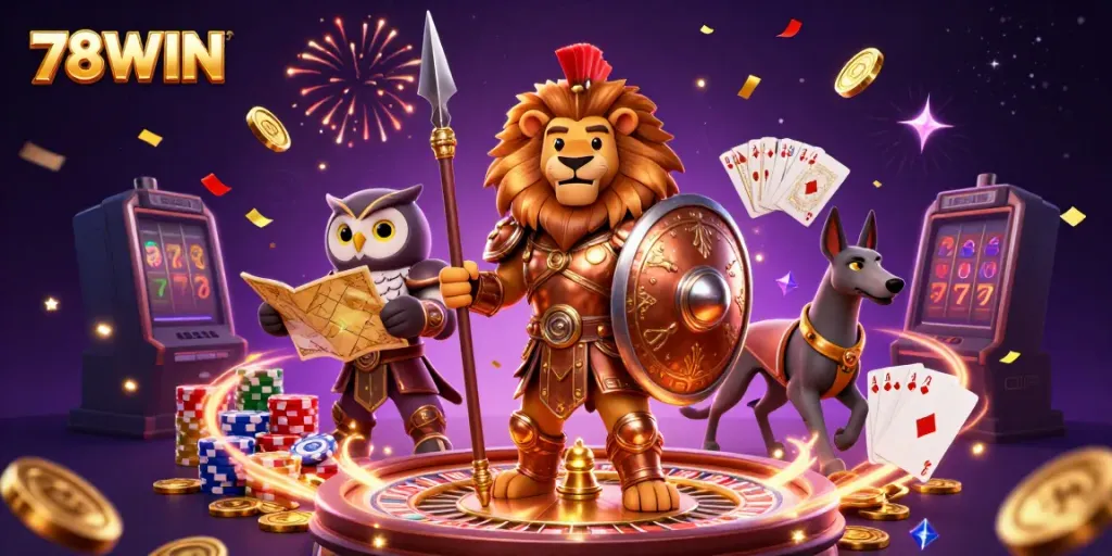 Experience the thrill of 78WIN with a dynamic scene of casino elements and characters in action.