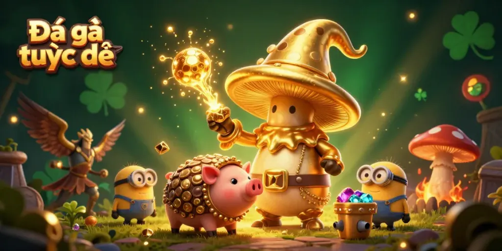 Witness Đá gà trực tiếp with magical fighting scenes, golden warriors, and dynamic action elements.
