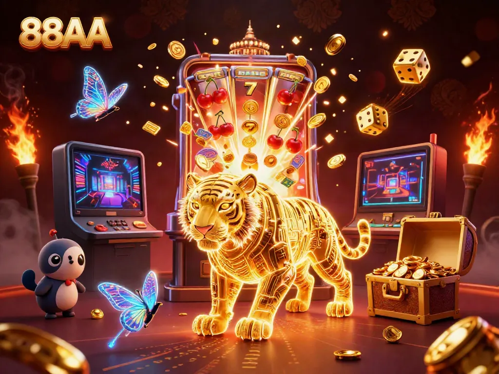 Engage with the thrilling atmosphere of 88AA, featuring vibrant casino elements and a golden tiger.