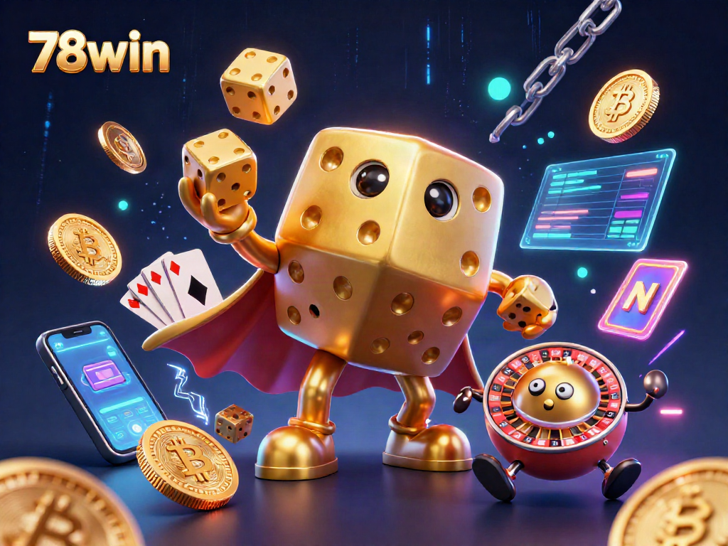 Experience thrilling gaming with 78win's dynamic 3D casino scene featuring golden dice and crypto elements.