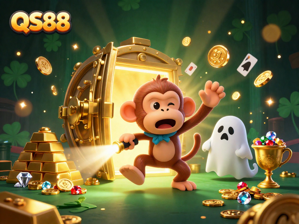 Engage with QS88's thrilling casino adventure featuring animated characters in a lively haunted casino setting.