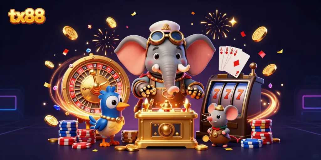 Spin the reels with the lively tx88 steampunk elephant engineer amidst golden coins and exciting casino elements.