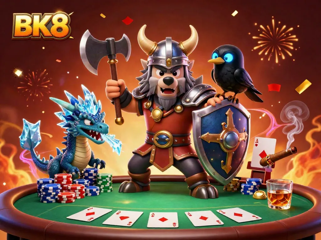 BK8 Viking warrior excels at poker with a dragon partner in an action-packed casino scene.