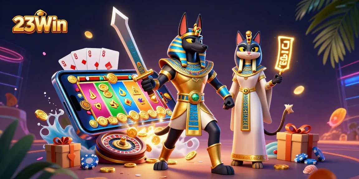 Experience thrilling gameplay at 23Win with Anubis and Bastet surrounded by dynamic casino elements.
