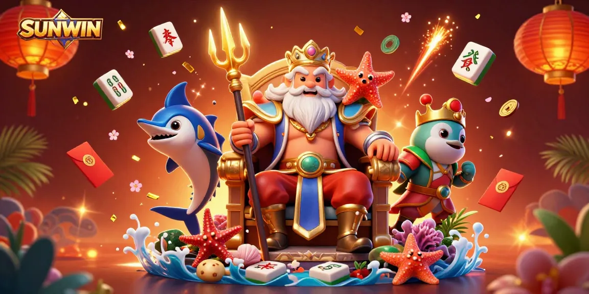 Experience thrilling wins at SUNWIN with 3D characters and vibrant casino elements in this dynamic illustration.
