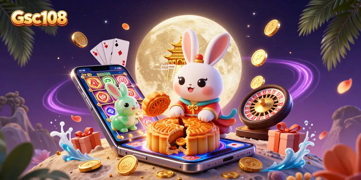 Gsc108 showcases a vibrant scene of a moon rabbit and jade companion revealing poker chips amidst a lively casino atmosphere.
