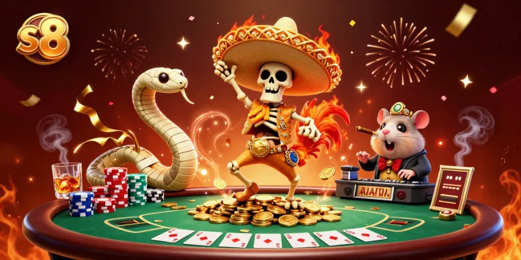 Win big with s8 casino games illustrated by vibrant mariachi characters and poker elements.