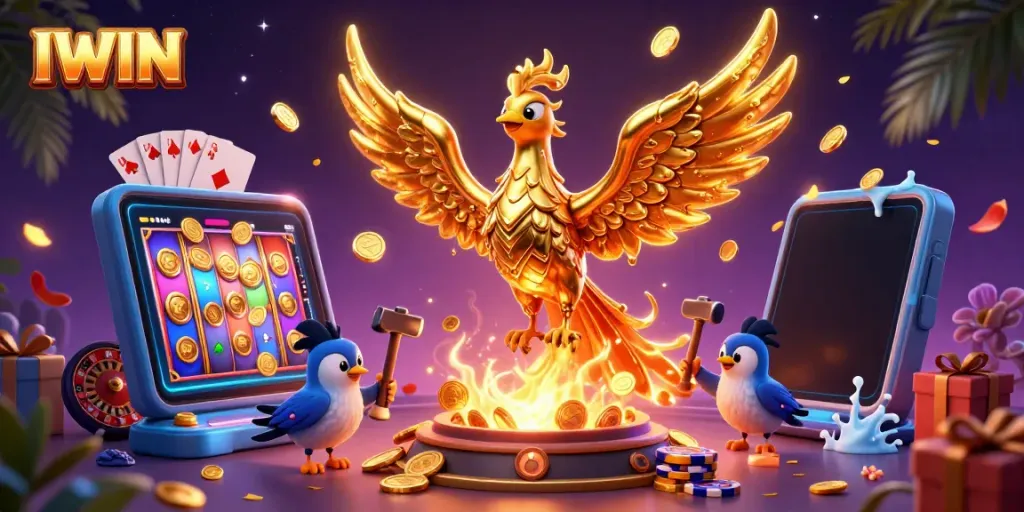 IWIN offers a vibrant casino experience with a colorful, 3D phoenix symbolizing jackpots and game wins.