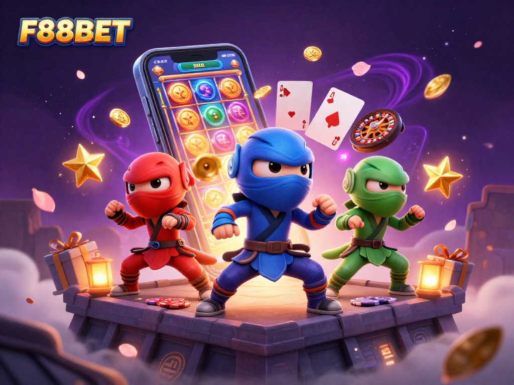 Experience the thrill of gaming with F88BET in a vibrant 3D digital casino illustration featuring chameleons.