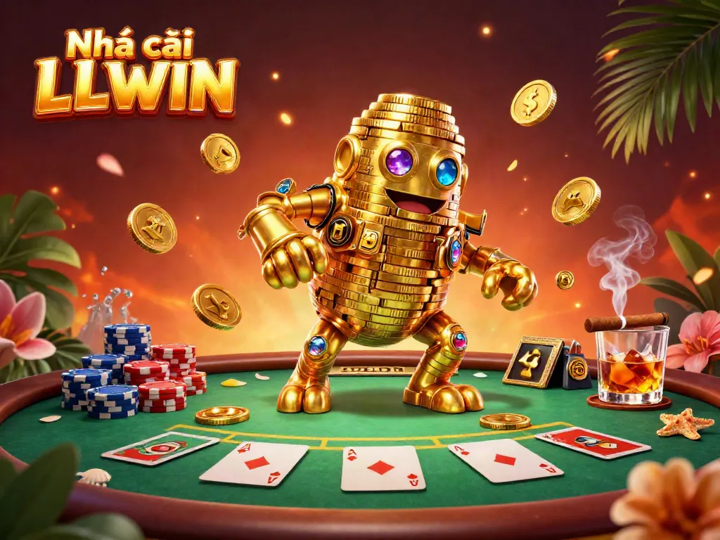 Experience the thrill with Nhà cái LLWIN's golden golem casino illustration showcasing poker elements and vibrant ambiance.