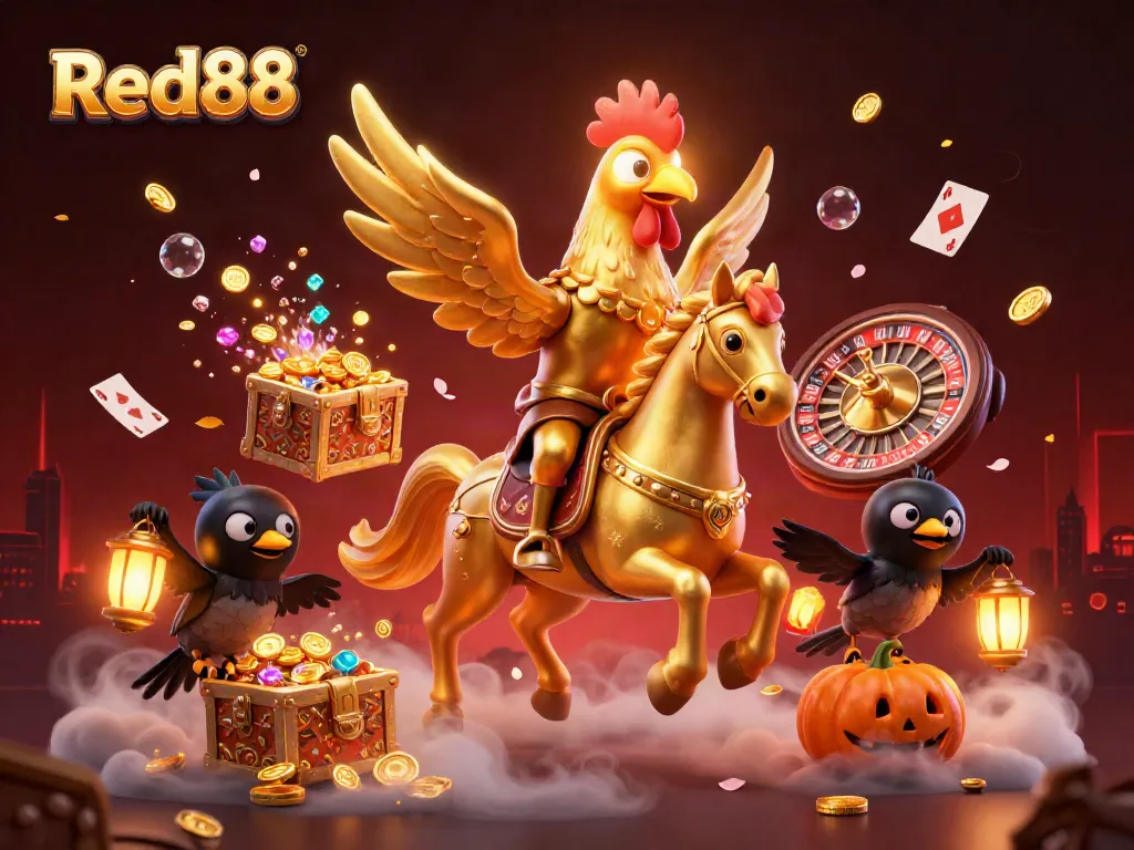 Red88 casino experience with a golden rooster, glowing head, roulette wheel, and treasures erupting in a dynamic midnight setting.