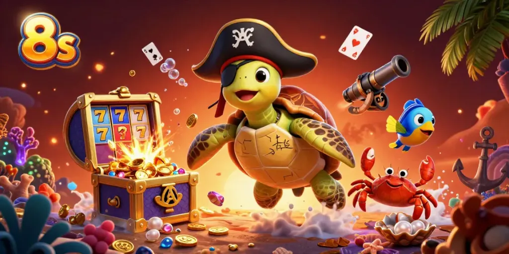 Experience exciting gameplay at 8s with dynamic action of a pirate turtle and treasure games.