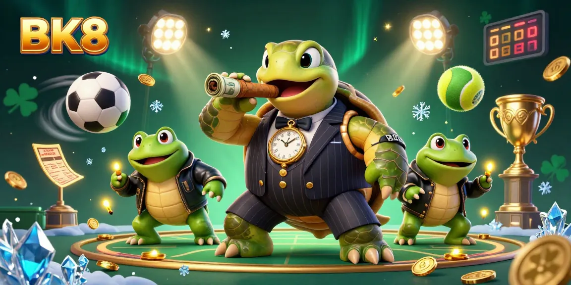 Experience thrilling gaming action with BK8, featuring a turtle mobster and bullfrogs in a vibrant casino setting.