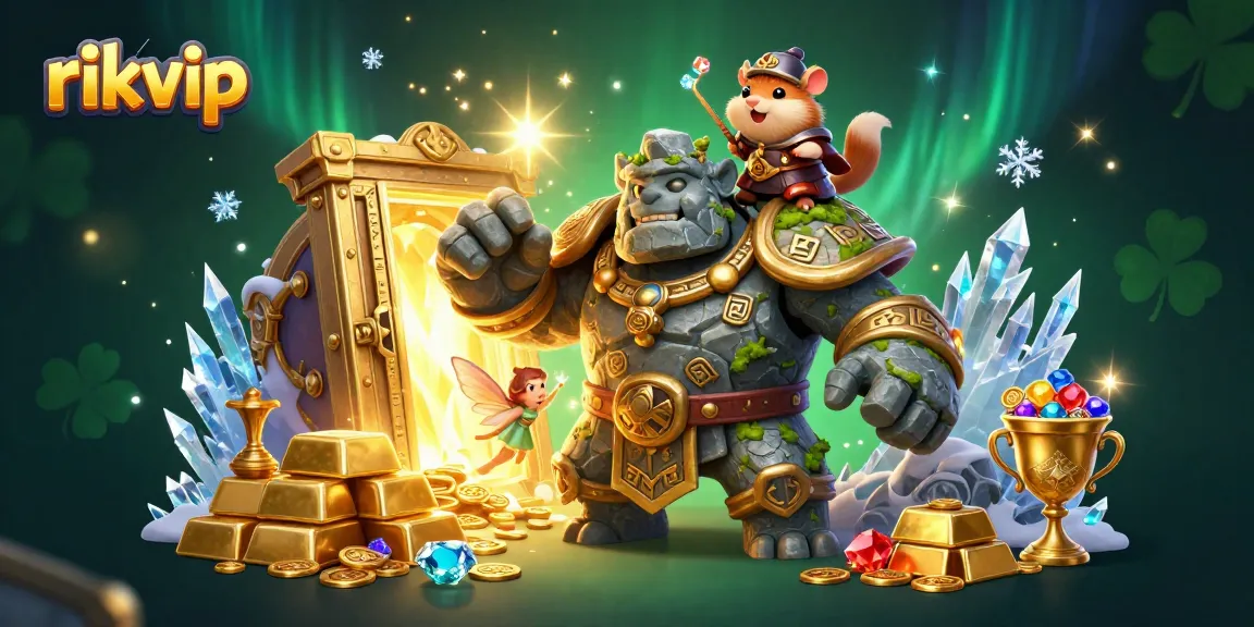 Experience winning magic at rikvip with a dynamic 3D scene of a stone golem, fairy, and hamster knight in a rich casino treasure setting.