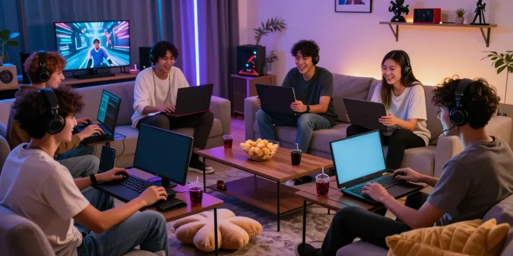 Exciting HITCLUB gaming scene with friends enjoying a multiplayer session in a vibrant living room.