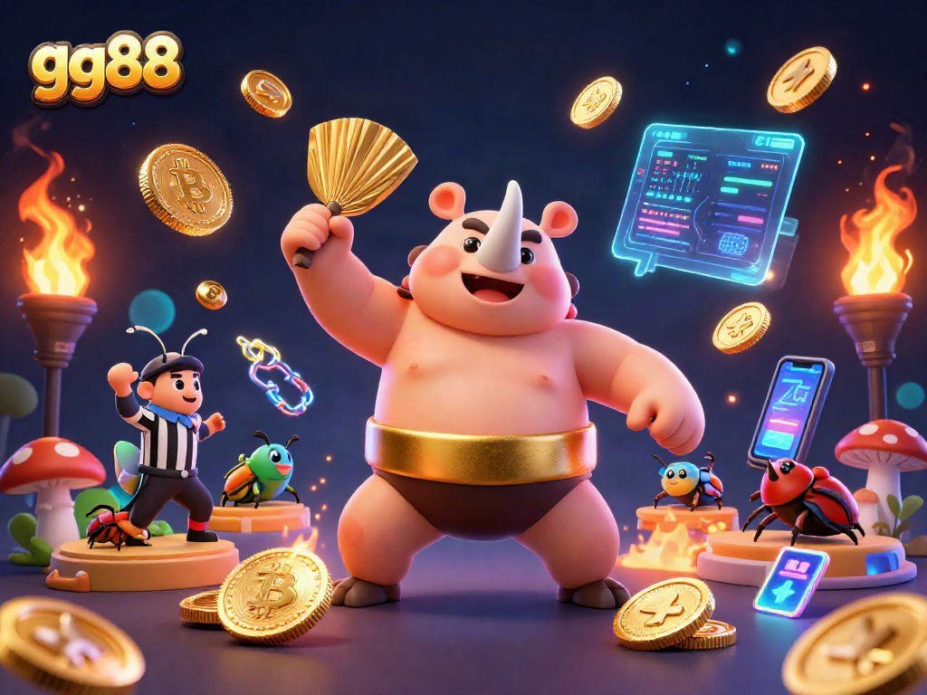 Experience thrilling entertainment with gg88 featuring a vibrant 3D sumo beetle champion amidst flying coins.