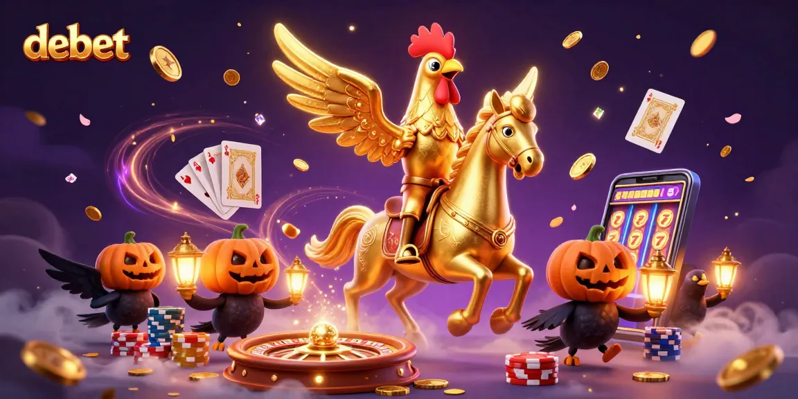 Engage with debet's thrilling casino experience, featuring a golden rooster in a vibrant midnight scene.
