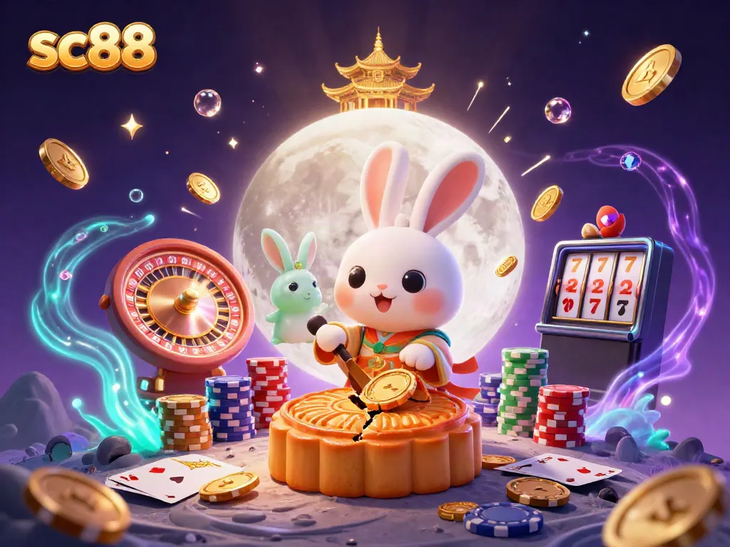 Experience the allure of sc88 with a vibrant moon rabbit scene featuring casino thrills and treasures.