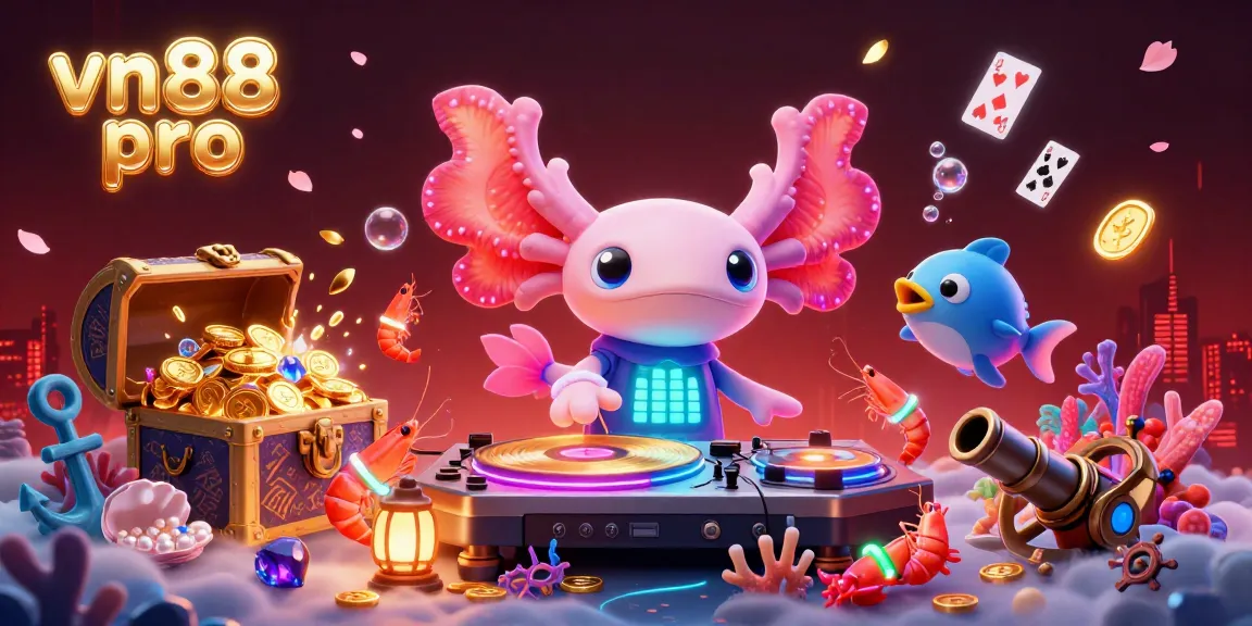 Experience high-energy gaming action with vn88 pro featuring a neon axolotl DJ and vibrant underwater elements.