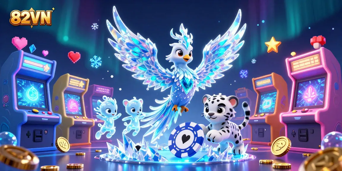 Experience thrilling casino adventures with 82VN's vibrant 3D illustration featuring an ice phoenix and playful elements.