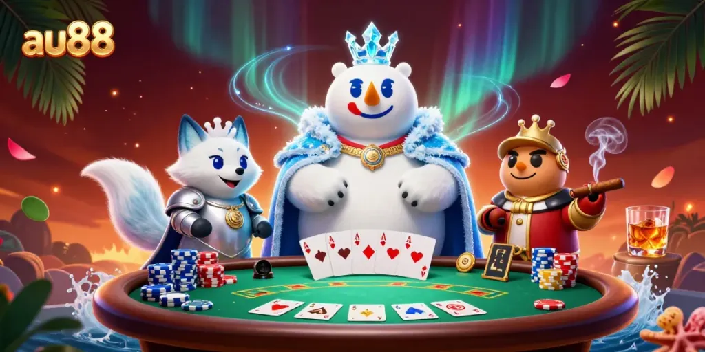 Engage in thrilling poker action at au88 with a vibrant 3D scene showcasing a polar bear king and silver fox.