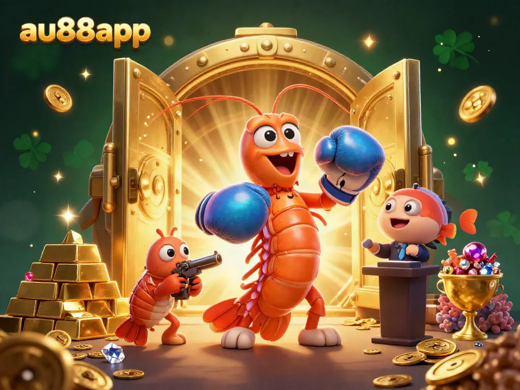 Engage with the vibrant world of au88app, showcasing a dynamic casino scene featuring a mantis shrimp in boxing gloves.