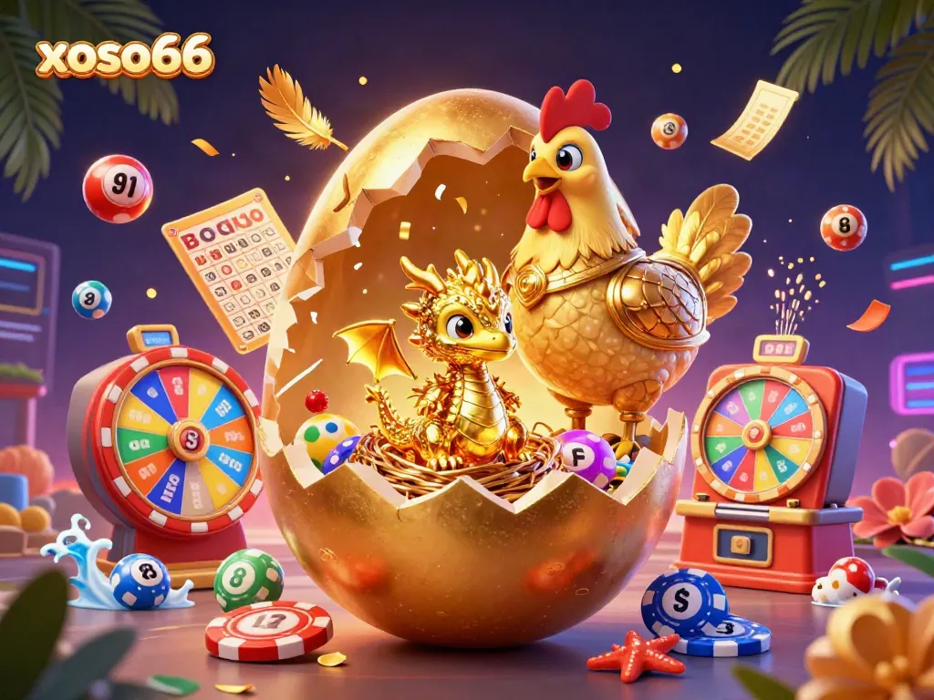 Engage with xoso66 at a vibrant online casino, featuring a golden egg, baby dragon, and poker chips.