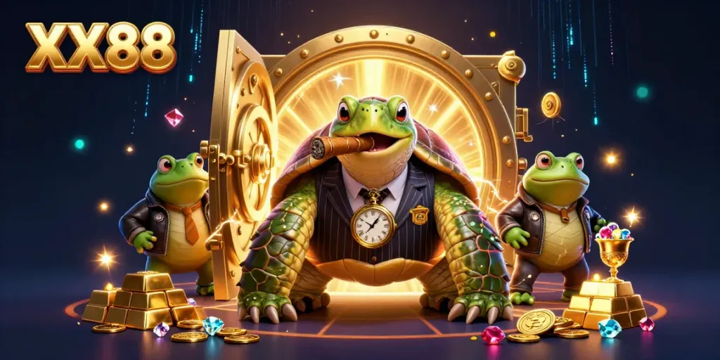 A dynamic, colorful 3D illustration featuring characters and elements from XX88, set in a casino environment.